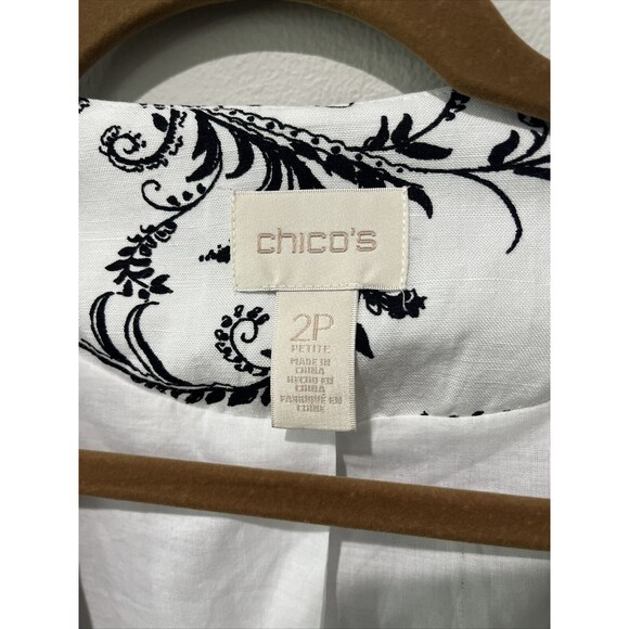 CHICOS Jacket 2 Large Black White Linen Blend Open Blazer Floral Paisley Drape - Picture 3 of 8